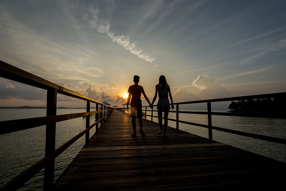 silhouette of man and woman holding hands walking on brown wooden dock during golden hour HD wallpaper