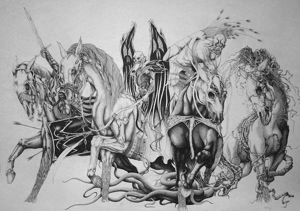 chariot and skeletons illustration, drawing, fantasy art, artwork, spooky HD wallpaper