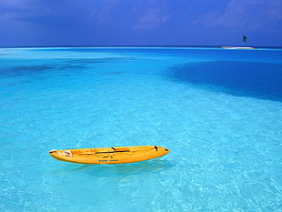 yellow paddleboard, sea, boat, nature