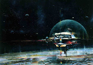 gray spacecraft digital wallpaper, John Berkey, science fiction, spaceship, planet