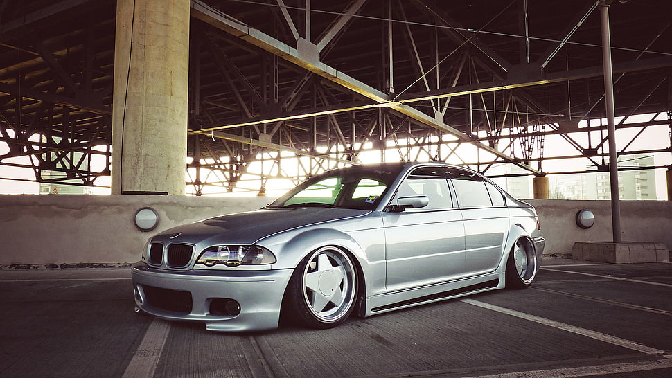silver BMW E46 parked inside the building HD wallpaper