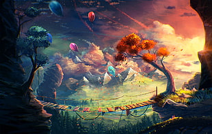 painting of bridge, trees, cliff, and balloons