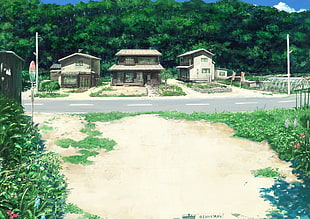 brown houses, nature, villages, anime, road
