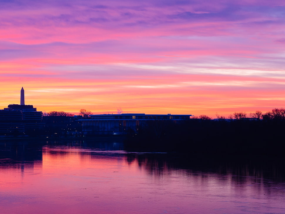 Sunset,  River,  Building,  Sky HD wallpaper