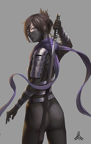 female anime character with gray and black long-sleeved outfit