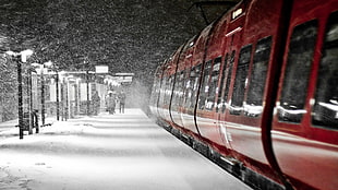 red train, train, train station, railway HD wallpaper