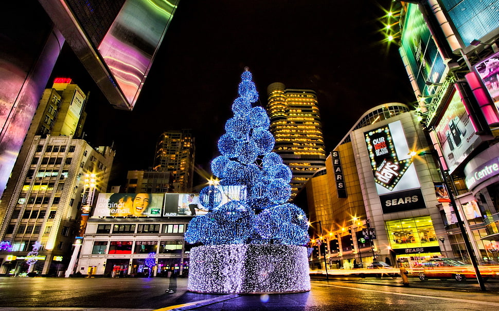 blue and purple pine tree decor, Christmas, New Year, city lights, night HD wallpaper