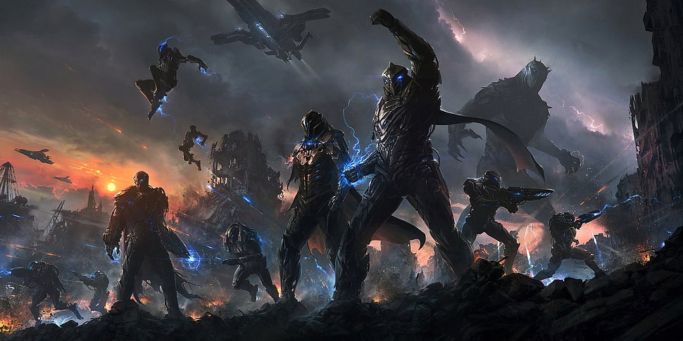 alien characters with rifles digital wallpaper, armor, clouds, giant, sunset HD wallpaper