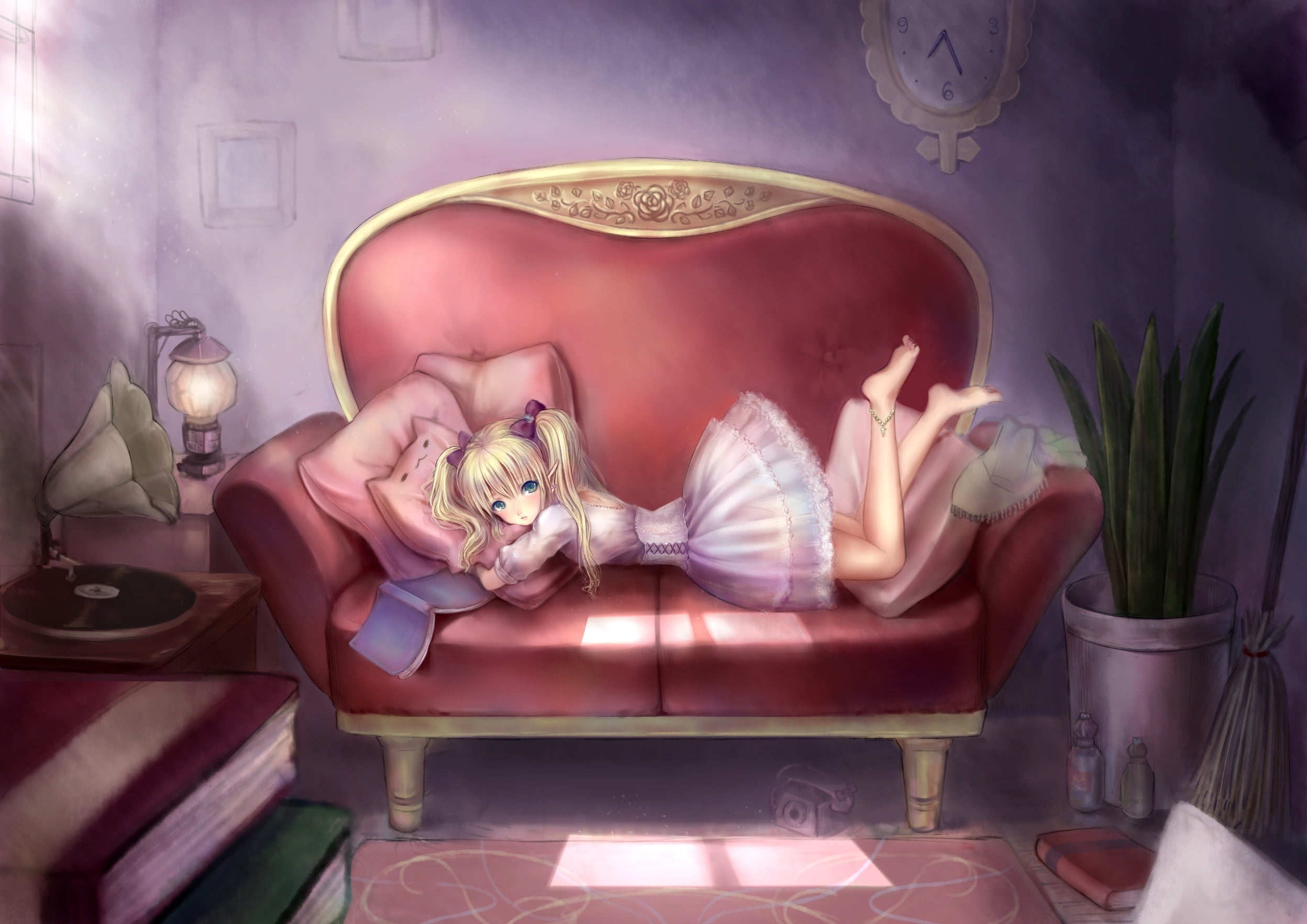 anime girl lying on red loveseat