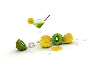 sliced kiwi and lemon with margarita\ glass filled with green liquid