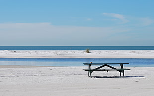 brown wooden picnic table, beach, sea, bench, horizon