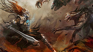 knight and monsters illustration, fantasy art, warrior, sword, creature HD wallpaper