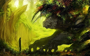 person in the forest painting, fantasy art, creature