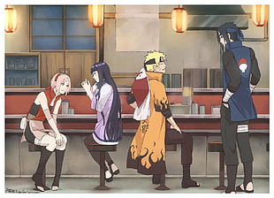 Hinata, Sakura, Naruto, and Sasuke standing in bar counter HD wallpaper