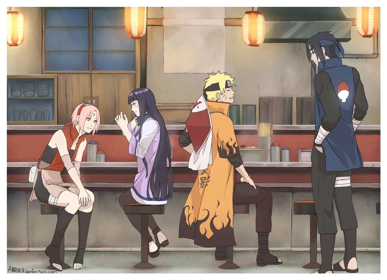 Hinata, Sakura, Naruto, and Sasuke standing in bar counter