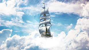 white sail boat, ship, sky, clouds, sailing ship