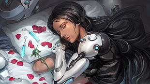black-haired female anime character, Overwatch, Symmetra (Overwatch), video games, red flowers HD wallpaper