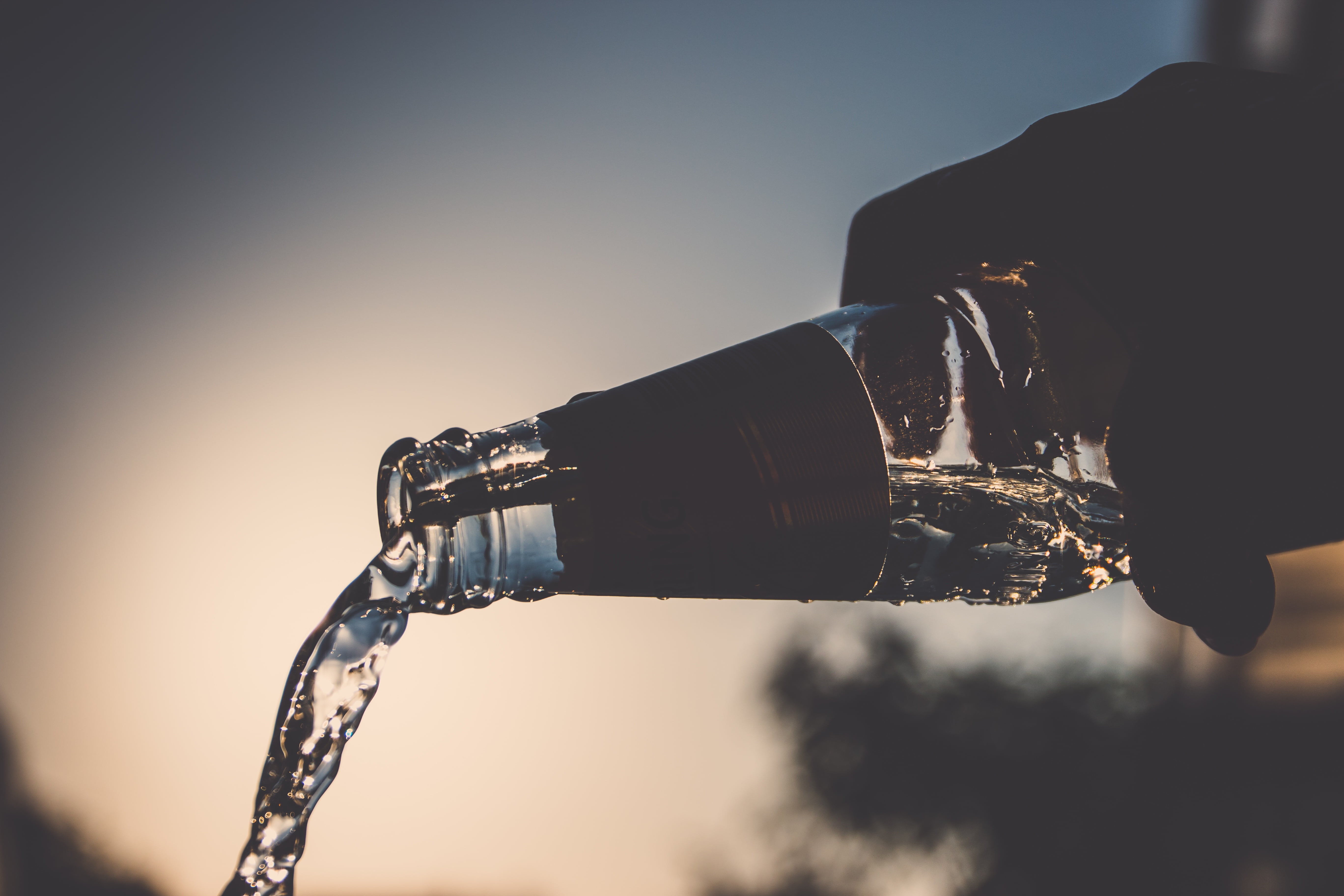 person holding clear glass bottle with water