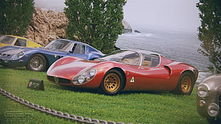 red Alfa Romeo 33 Stradale, car, Ferrari 250, Alfa Romeo, grass
