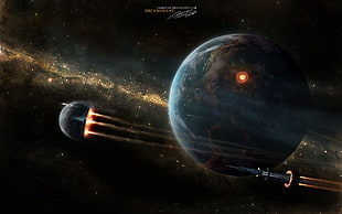 planet and ship painting, space, space art, science fiction, Earth