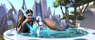 woman cyborg character lying on green glass surface