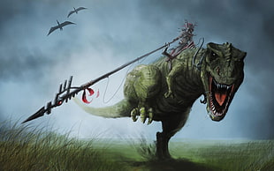 dinosaur game cover, warrior, artwork, spear, dinosaurs