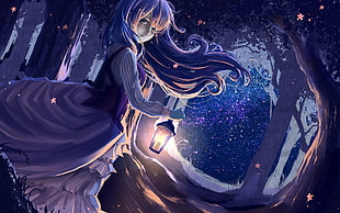blue haired female anime character illustration, lantern, forest
