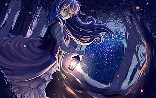 blue haired female anime character illustration, lantern, forest HD wallpaper