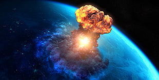 nuclear bomb explosion on earth through outer space illustration, digital art, apocalyptic, meteors, planet HD wallpaper