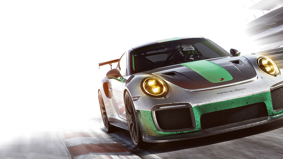 photography of silver, green, and black Porsche 911 on race track HD wallpaper