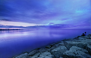 body of water near gray rocky beach under purple sky HD wallpaper