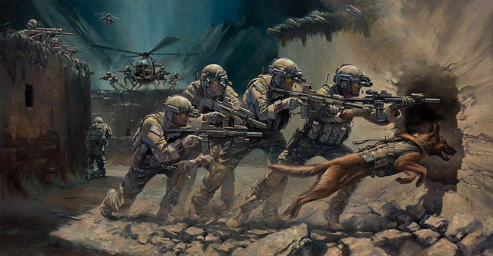 soldier and dog illustration, artwork, soldier, weapon, rifles HD wallpaper