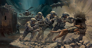 soldier and dog illustration, artwork, soldier, weapon, rifles