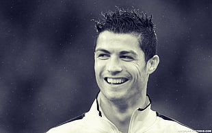 men's white and black jacket with text overlay, Cristiano Ronaldo, footballers, celebrity, men HD wallpaper
