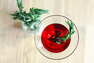 red liquid drink with green leaf in glass