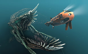 orange submarine, fantasy art, digital art, drawing, underwater