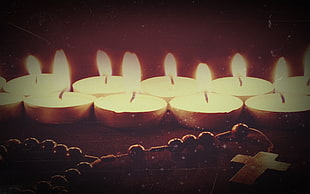 white tealight candle lot, candles, lights, fire, holy rosary HD wallpaper