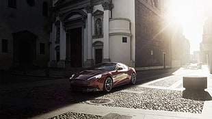 red coupe, Aston Martin, church, sunlight, red cars
