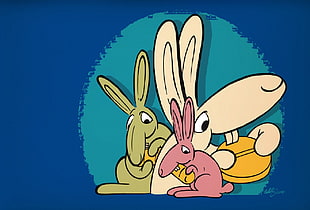 three green, pink, and beige animal cartoon characters digital wallpaper