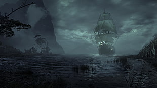 galleon ship painting, sailing ship, sea, night, landscape