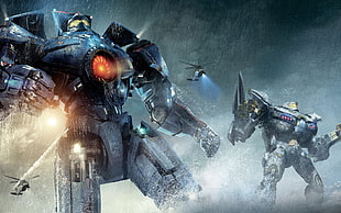 blue two robot illustration, Pacific Rim, robot, helicopters, movies