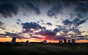 stones under sky panoramic photography, sunset, sky, clouds, stones HD wallpaper