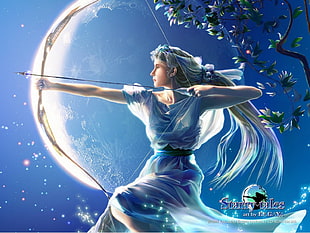 female anime cartoon character holding composite bow HD wallpaper