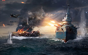 battleships and fighter planes illustration HD wallpaper