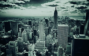aerial view of highrise building, cityscape, monochrome, New York City