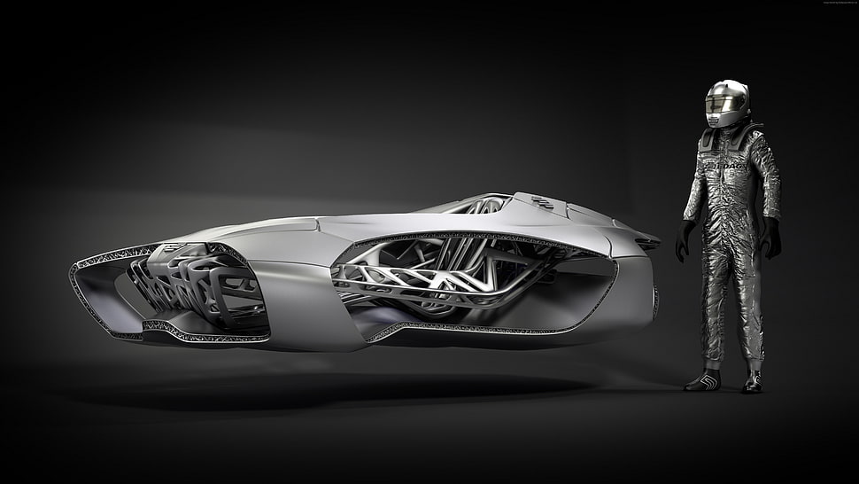 man standing near flying car HD wallpaper
