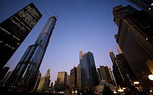 gray concrete building, cityscape, Chicago, skyscraper, street light
