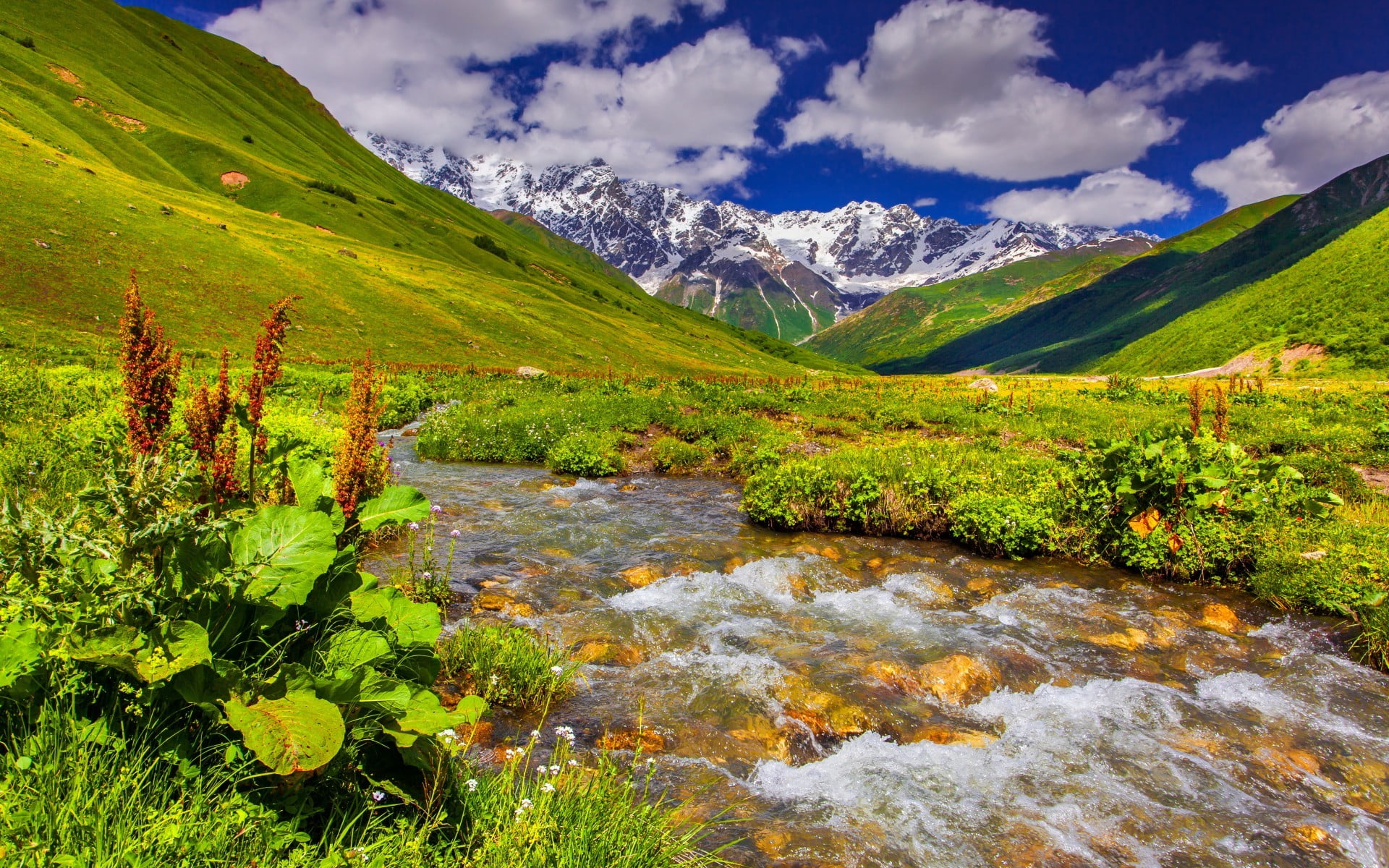 river and green grass field, nature, mountains, water, sky