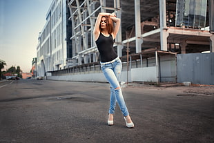 women's black tank top and blue jeans, women, redhead, hips, body lingerie HD wallpaper