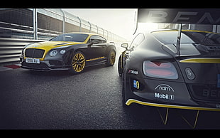 two black-and-yellow cars on race track HD wallpaper